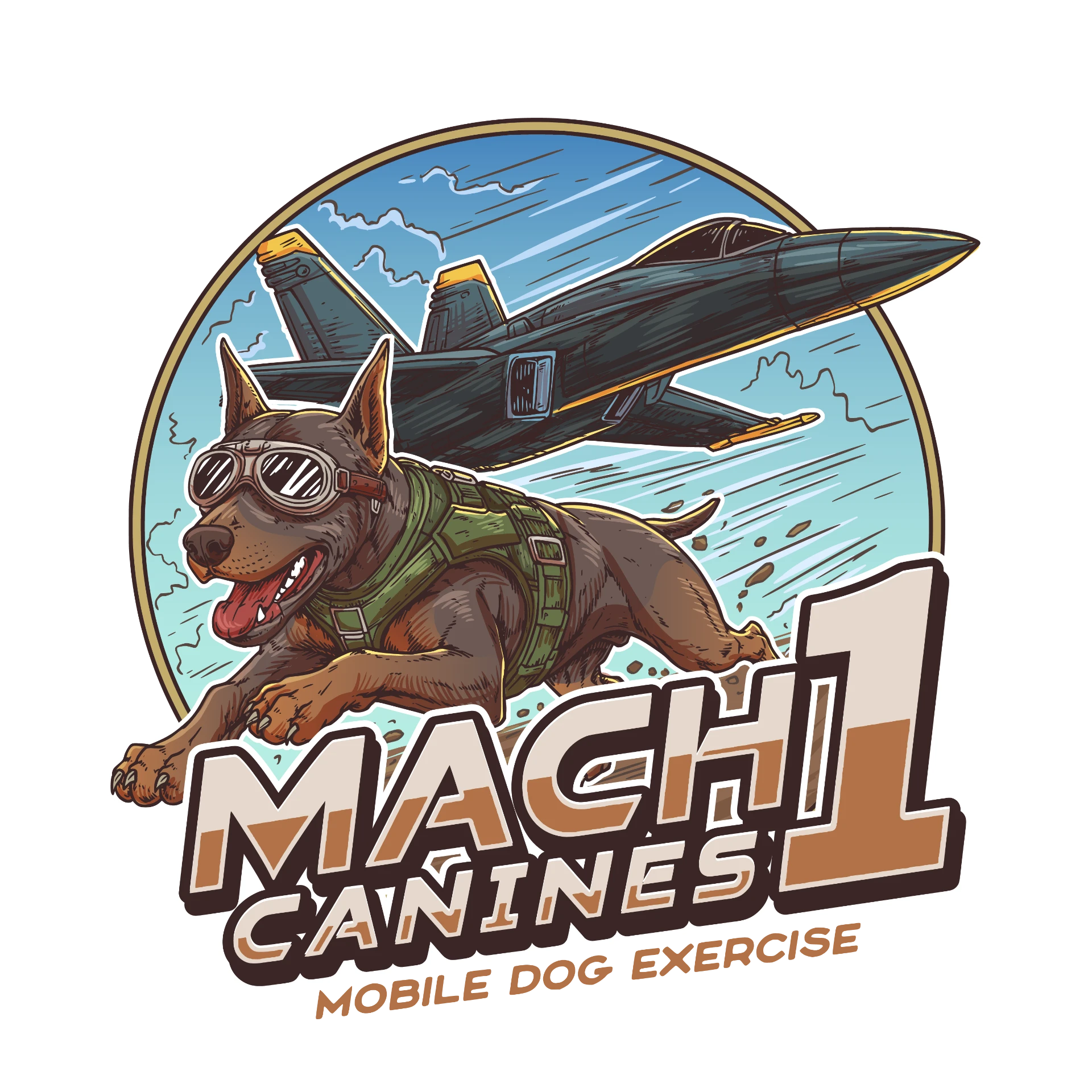 Mach1 Canines logo — a happy dog in flight gear with a jet overhead
